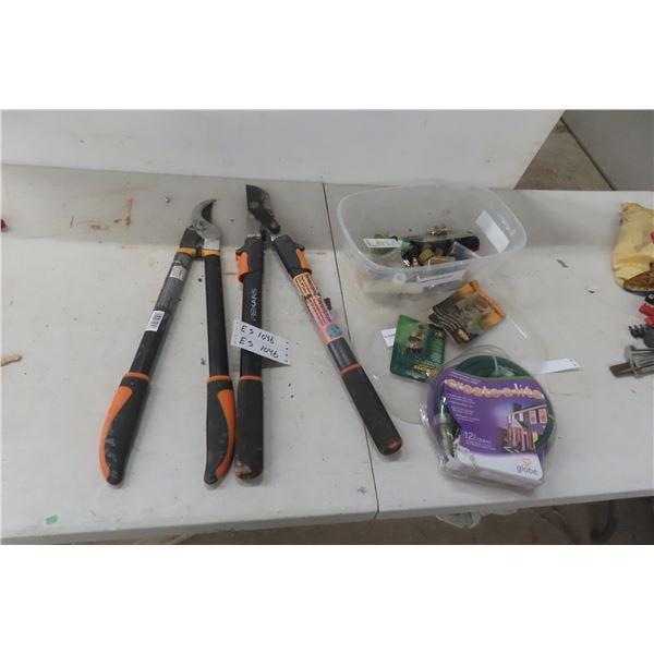 Two Fiskars Pruners, Power Hedger, Rope Light, Garden Hose Accessories