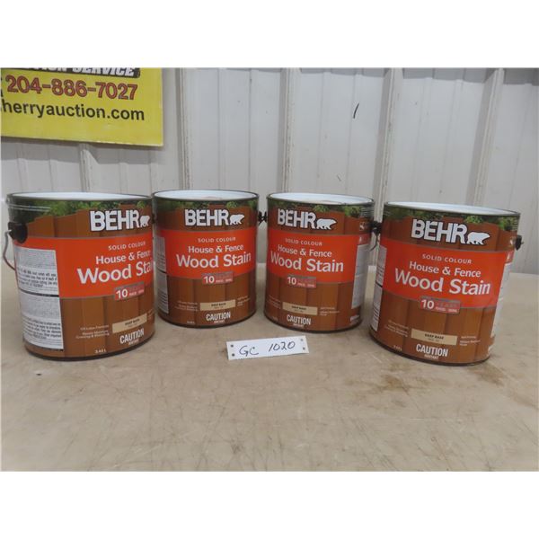 Four Unopened Behr Wood Stain Pewter Colour 3.43 L