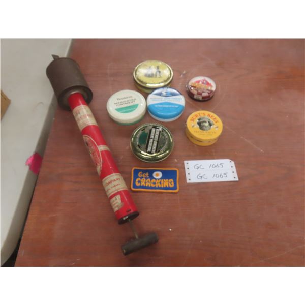 Vintage Scott's Cure Bug Sprayer, Tins Watkins Medicinal Ointment, Burt's Bees, Nugget Shoe Polish