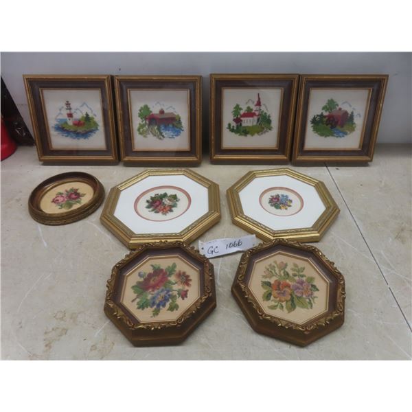 Nine Petit Point Framed Pictures – Largest 10" x 10"