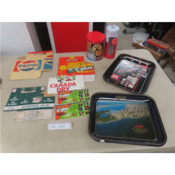 Two Coca-Cola Trays, Straw Keeper & Cardboard Bottle Carriers: Pepsi, Canada Dry, C-Plus