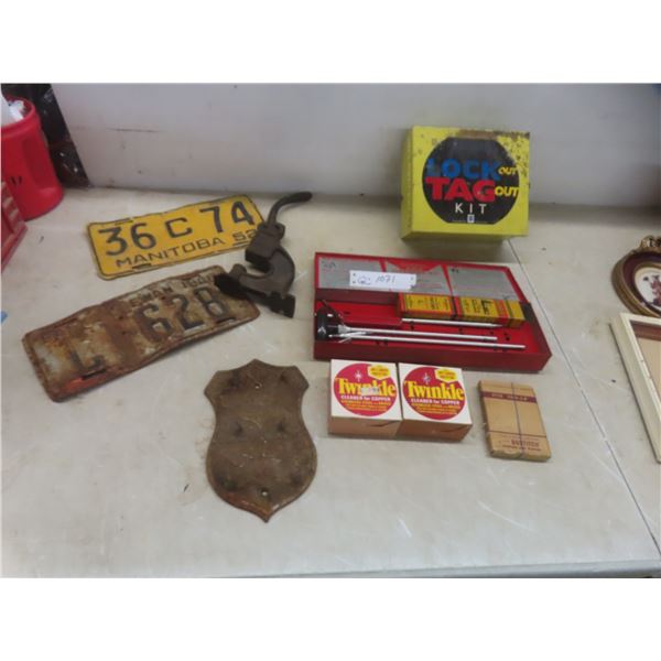 Manitoba & Saskatchewan License Plates 1952 & 1948 + Outers Rifle Cleaning Kit, Twinkle Copper