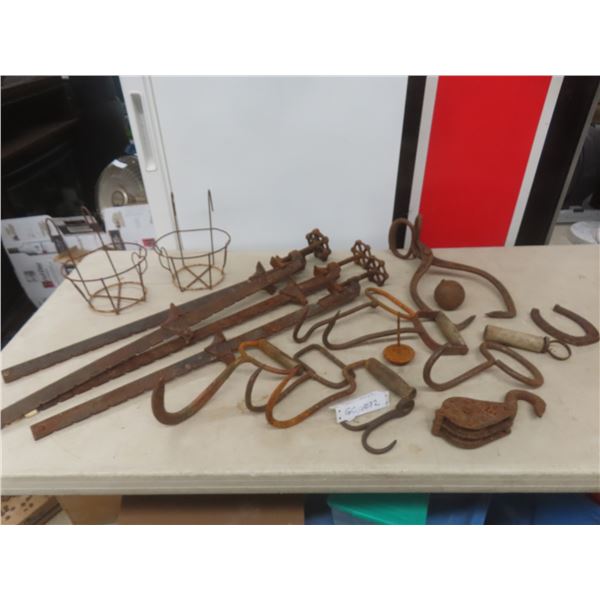 Vintage Rustic Tools: Ice Tongs, Clamps, Pulley, Hay Bale Hooks and More