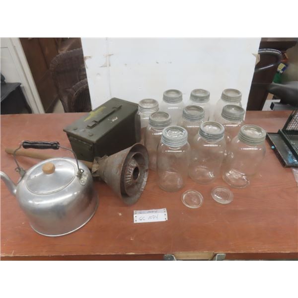 Vintage Laundry Agitator, Kettle, Ten Sealer Jars & Ammo Box