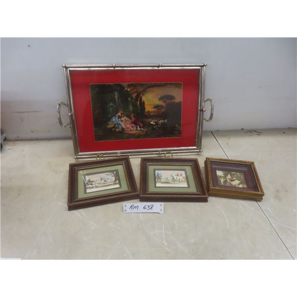 Vintage Ornate Serving Tray & 3 Framed Pictures - Largest 7 1/2" x 6 1/2"