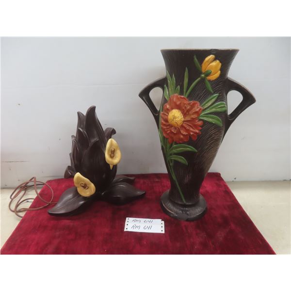 Vintage Syringa Vase 17 1/2" H. & Floral Table Lamp F.A.I.P 12 1/2" H. Works. (Some Chips in Vase)