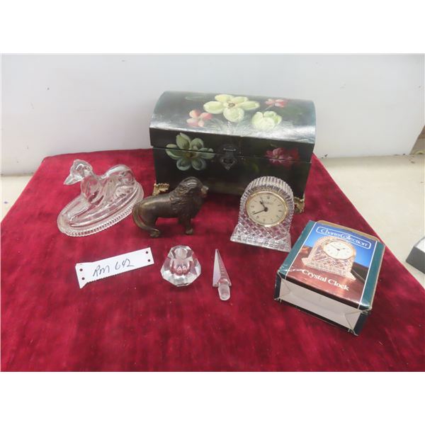 Hand Painted Trinket Box, Crystal Clock, Crystal Inkwell/Paperweight, Cast Iron Bank and More