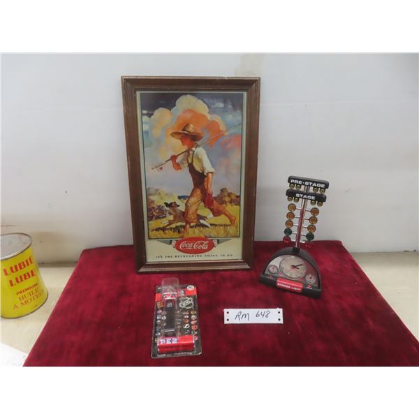Coca-Cola Picture 16" x 10", Pez NHL Limited Edition & Vintage Drag Racing Tree Alarm Clock