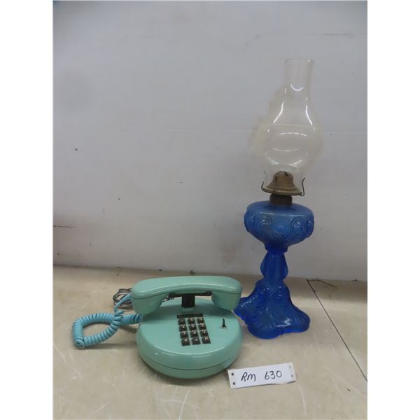 Vintage Aqua Desk Phone & Cobalt Blue Glass Oil Lamp with Chimney 20" High