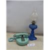 Image 1 : Vintage Aqua Desk Phone & Cobalt Blue Glass Oil Lamp with Chimney 20" High