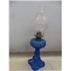 Image 4 : Vintage Aqua Desk Phone & Cobalt Blue Glass Oil Lamp with Chimney 20" High