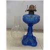 Image 6 : Vintage Aqua Desk Phone & Cobalt Blue Glass Oil Lamp with Chimney 20" High