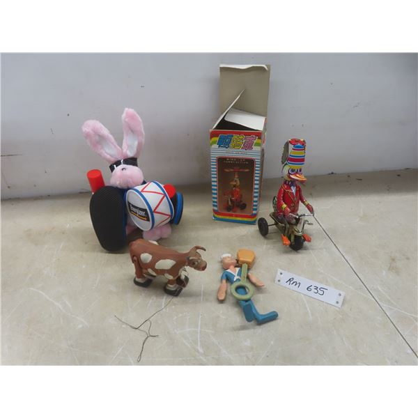 Vintage Toys: Rubber Popeye Sailor Holding Heinz 57 Rattle, Plastic Walking Cow, Energizer Bunny &