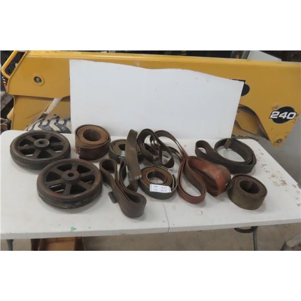 Assorted Vintage Flat Belts & Two Cast Iron Pulleys