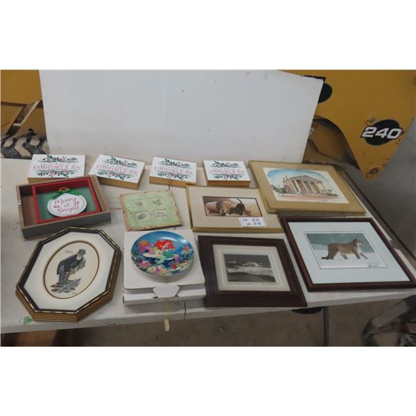 Framed Print Collector Plate & Needlepoint Piece