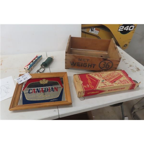 Wood Crate, Molson Mirror, V-Master Cigarette Roller & Ping Pong