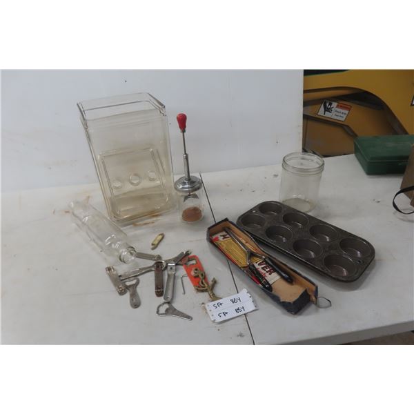 Assorted Vintage Kitchen Items, Bottle Openers, Jars, Utensils & Pan Lot