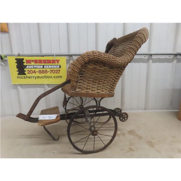 Antique Victorian Child-Sized Baby Carriage Rickshaw Pull Cart, Wood & Iron, Approx. 25" x 26" x