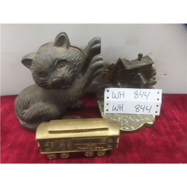 Cast Iron Cat Figurine, Brass Cottage/Horse Display, and San Francisco Cable Car