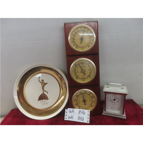 Vintage Sunbeam Weather Station, Bulova Clock, and Golden Boy Plate