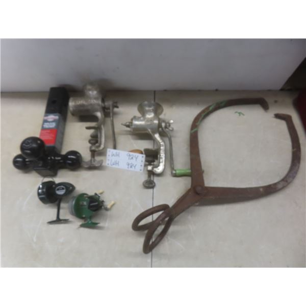 Two Vintage Meat Grinders, Antique Ice Tongs, and Auto Hitch