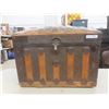 Image 1 : Antique Camelback Steamer Trunk with Decorative Metal Work 22" x 30" x 18"