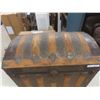 Image 3 : Antique Camelback Steamer Trunk with Decorative Metal Work 22" x 30" x 18"