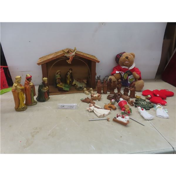 Manger With Light and Eleven Figures, Twelve Carved Nativity Figures, and More