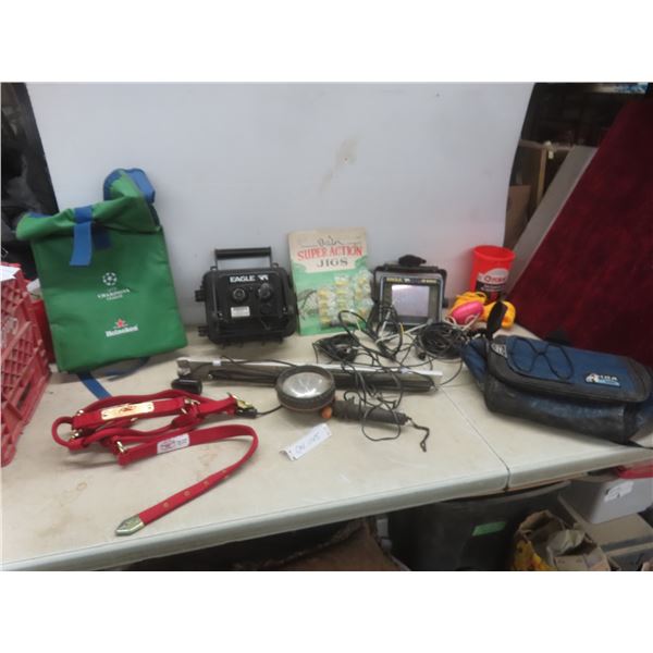 Two Eagle Fish Finders, Spotlight, Icebound Insulated Bag, Braided Rope, Horse Bridle, Jigs