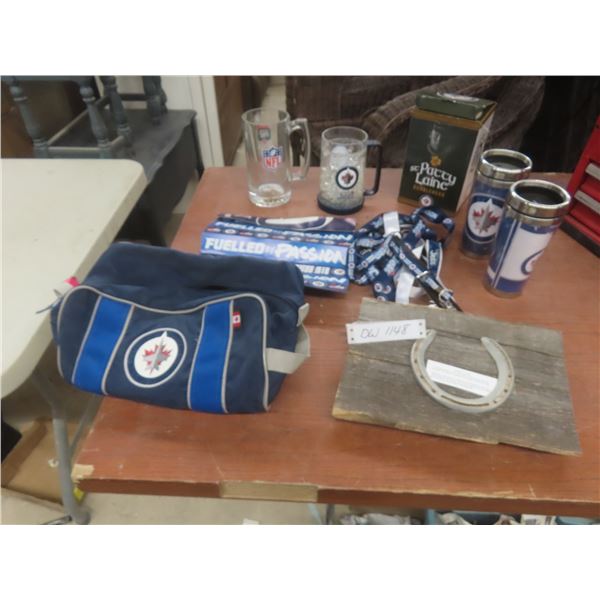 Winnipeg Jets Travel Mugs, Beer Mug, Lanyards, Laine Bobblehead, and Good Luck Sign