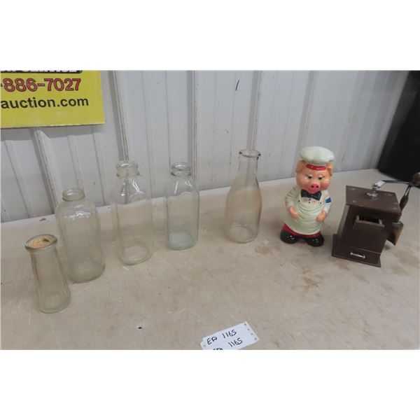 Milk Bottles, Piggy Bank, and Vintage Coffee Grinder