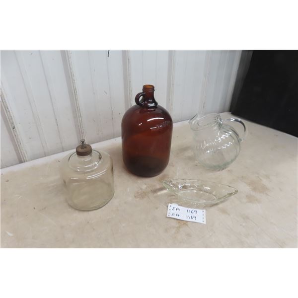 Glass Vessels Including Amber Jug and Clear Pitcher