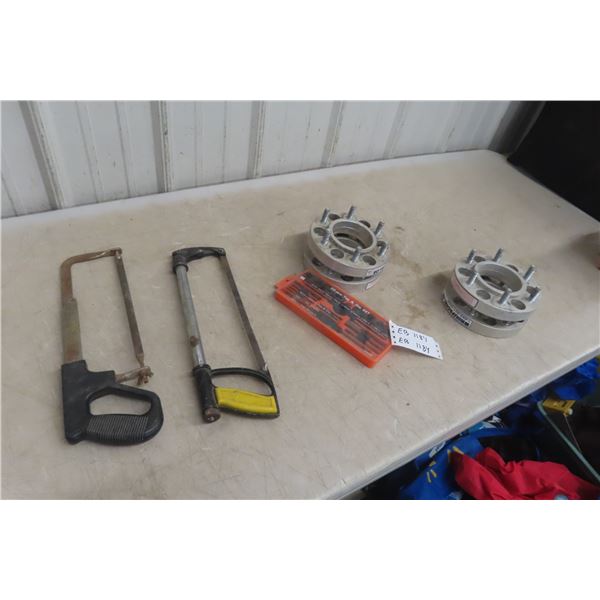 Six S-114 Spacers, Tap and Die Set, and Two Hacksaws