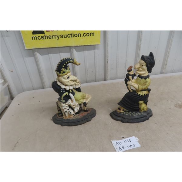 Painted Cast Iron Witch and Jester Doorstop Pair