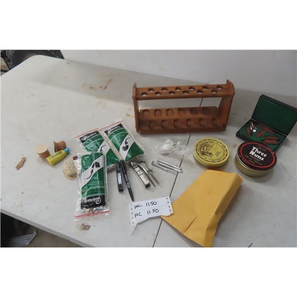 Pipe Stand, Tobacco Tins with Pipe Cleaning and Cutting Accessories