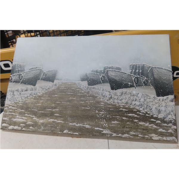 Winter Harbor Scene With Fishing Boats, Signed Jónina, 2005 30" x 48"
