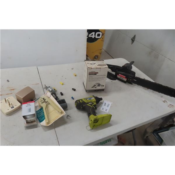 Electric Chainsaw, Cordless Drill, and Parts Assortment