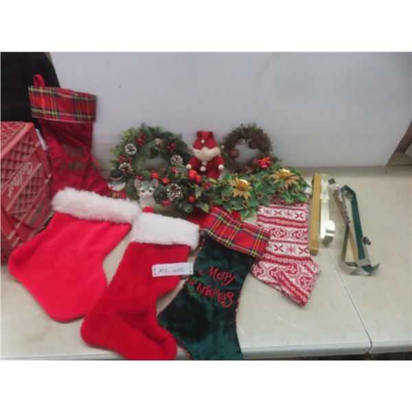 Bobble Heads, Christmas Wreath, Candle Holders, Stockings, and Wreath Hangers