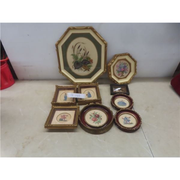 Eight Framed Petite Point Pictures, Largest 15" x 13"