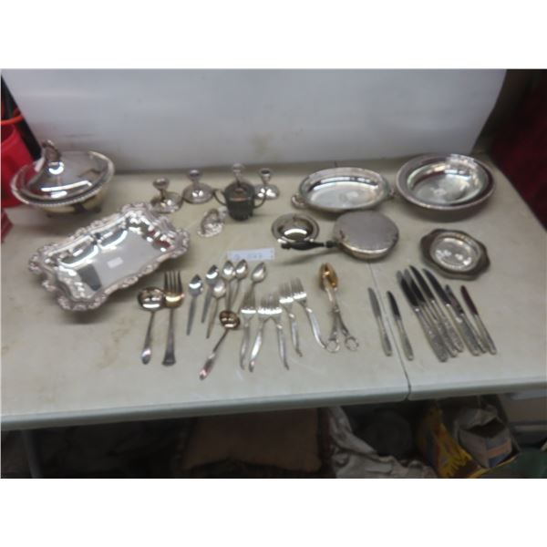 Silver-Plated Serving Ware, Candle Holders, Cutlery, and Eight Knives With Sterling Handles