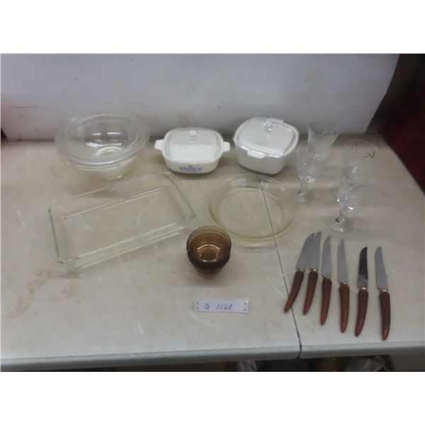 Pyrex Mixing Bowls, Corningware Casserole Dishes, Pie/Pasta/Fruit Nappies, Six Steak Knives, and