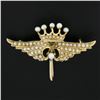 Image 2 : Antique Solid 14k Yellow Gold Seed Pearls Crown Wings Pin Brooch w/ Watch Hook