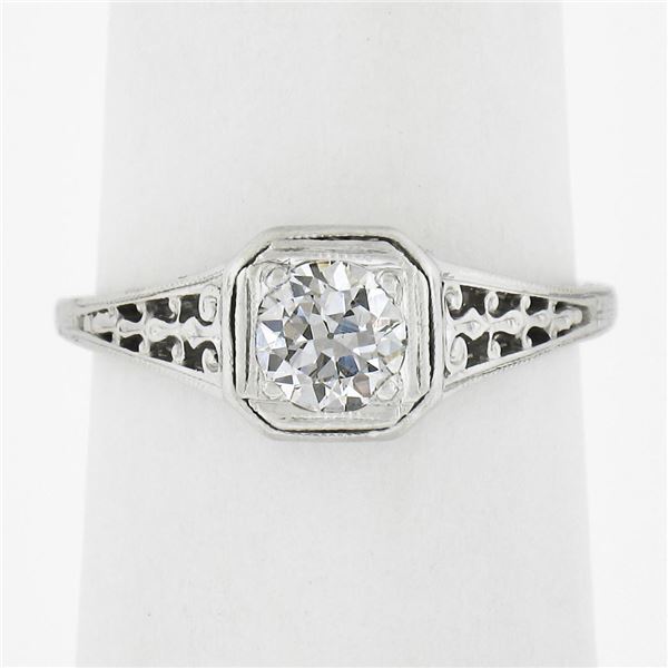 Antique Edwardian Platinum 0.47 ctw Old European Diamond Filigree Engagement Rin