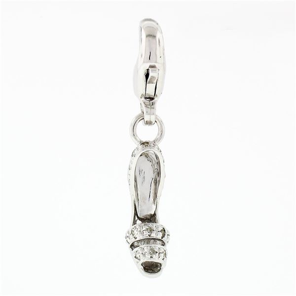 14k White Gold.15 ctw Diamond High Heel Shoe Dangle Lobster Clasp Charm Pendant