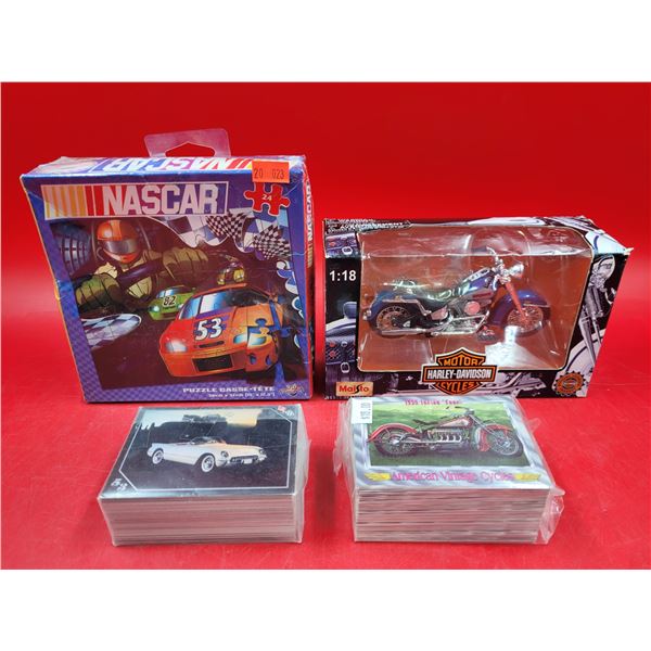 Motorcycle & Car Lot w/ Diecast Harley Motorcycle, Nascar Puzzle, Corvette Trading Cards, & More