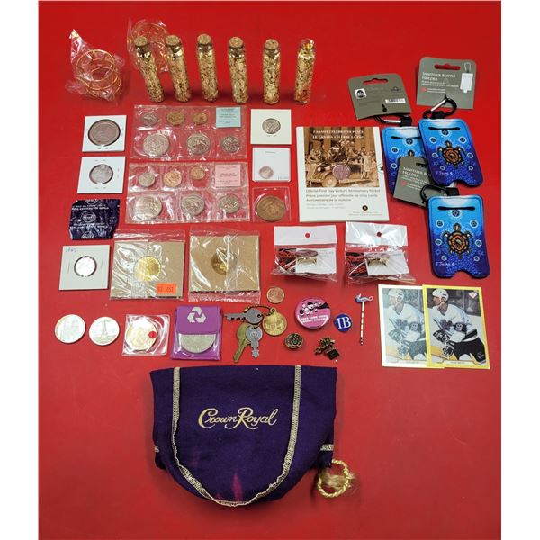 Collectibles Lot w/ Assorted Coins, Native Pins, Crown Royal Bag, & More