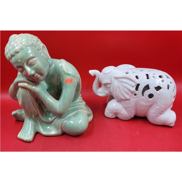 Ceramic Figure Lot w/ Green Buddha Made in Vietnam & White Elephant