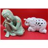 Image 1 : Ceramic Figure Lot w/ Green Buddha Made in Vietnam & White Elephant
