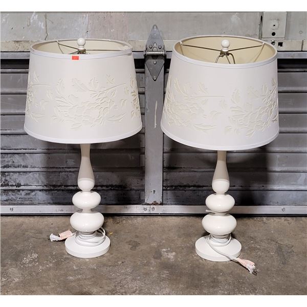 2 White Table Lamps w/ Floral Shades