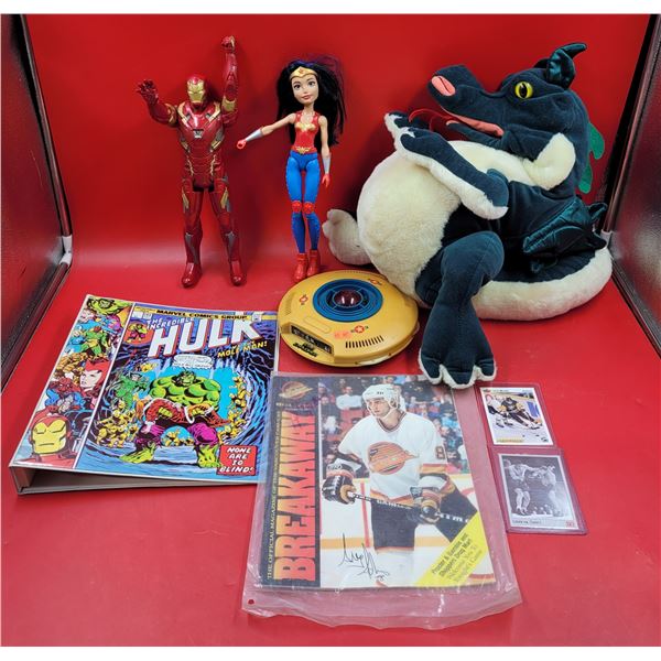 Assorted Toy & Sports Lot w/ Iron Man Action Figure, Autographed Hockey Photo, Hulk Binder, & More